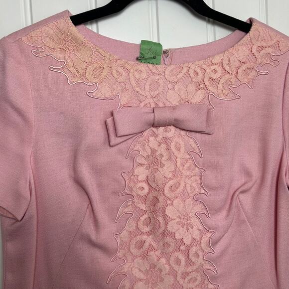 Vintage 60s Henry Lee Pink Lace Shift Dress M/L Bow Detail Designer Mod Costume - Picture 8 of 11